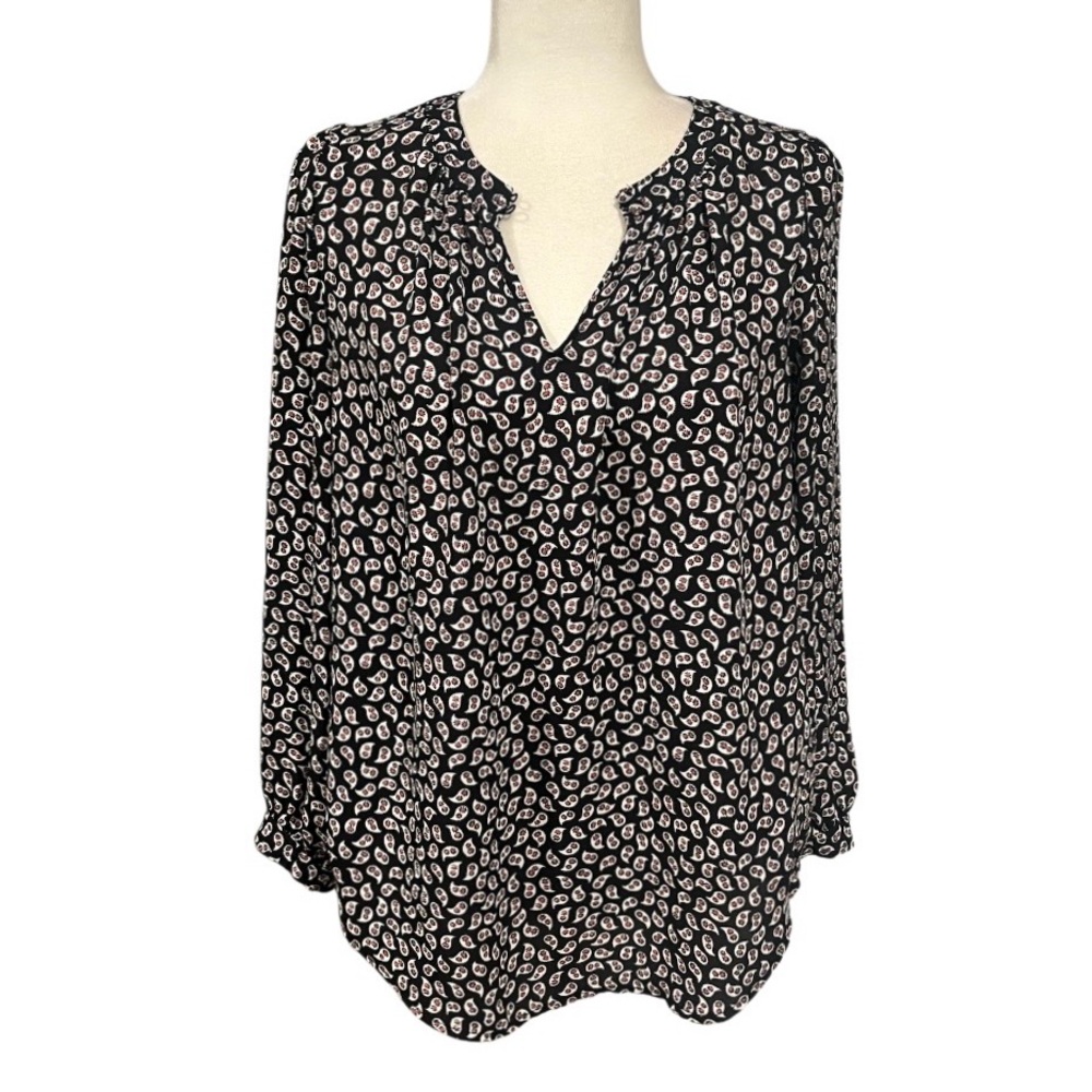 Loft Paisley Floral Split Neck Long Sleeve Blouse Black White Red/Orange